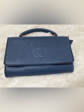 Navy Blue Pebbled Leather Satchel with Top Handle